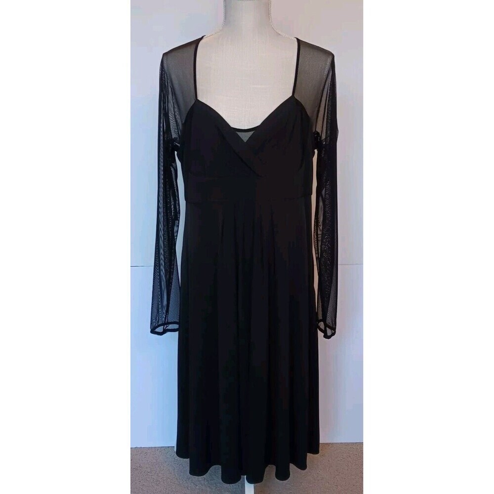 Scene By Donna Ricco Sz L Black Midi Evening Dress w/Mesh Sleeve Shoulder Back